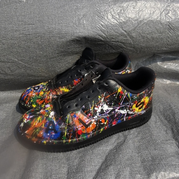NIKE Mens Size 8 Black multi coloured painted sneakers basketball Air Force 1 - Picture 4 of 11